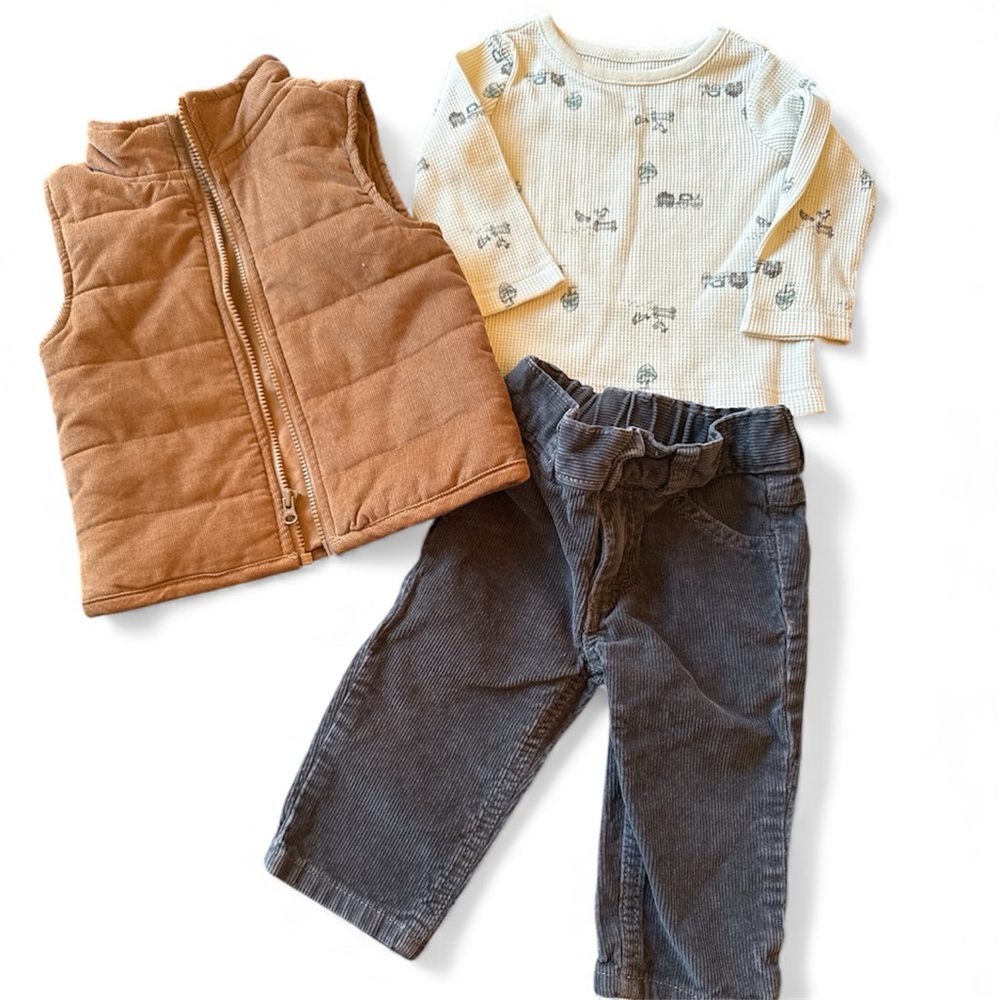 Carter’s Tractor Ribbed Tee + Carter’s Vest + Old Navy Pants — 6M, 3-Piece